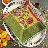 Vriksham Classic Krishna With Cow Art Printed With Green Border Pen Kalamkari Saree-VS4800